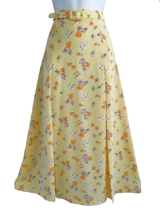 Vintage Dresses & Skirts - Vintage Fundamental Things Pale Yellow Ditsy Floral Midi Skirt Belted Pleats M